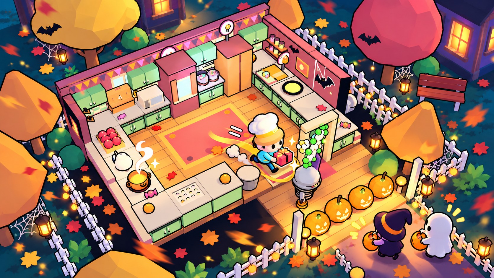 Treat promotional artwork: a diagonal dollhouse view follows the chef from mint preparation counters to a pumpkin-lit serving porch.